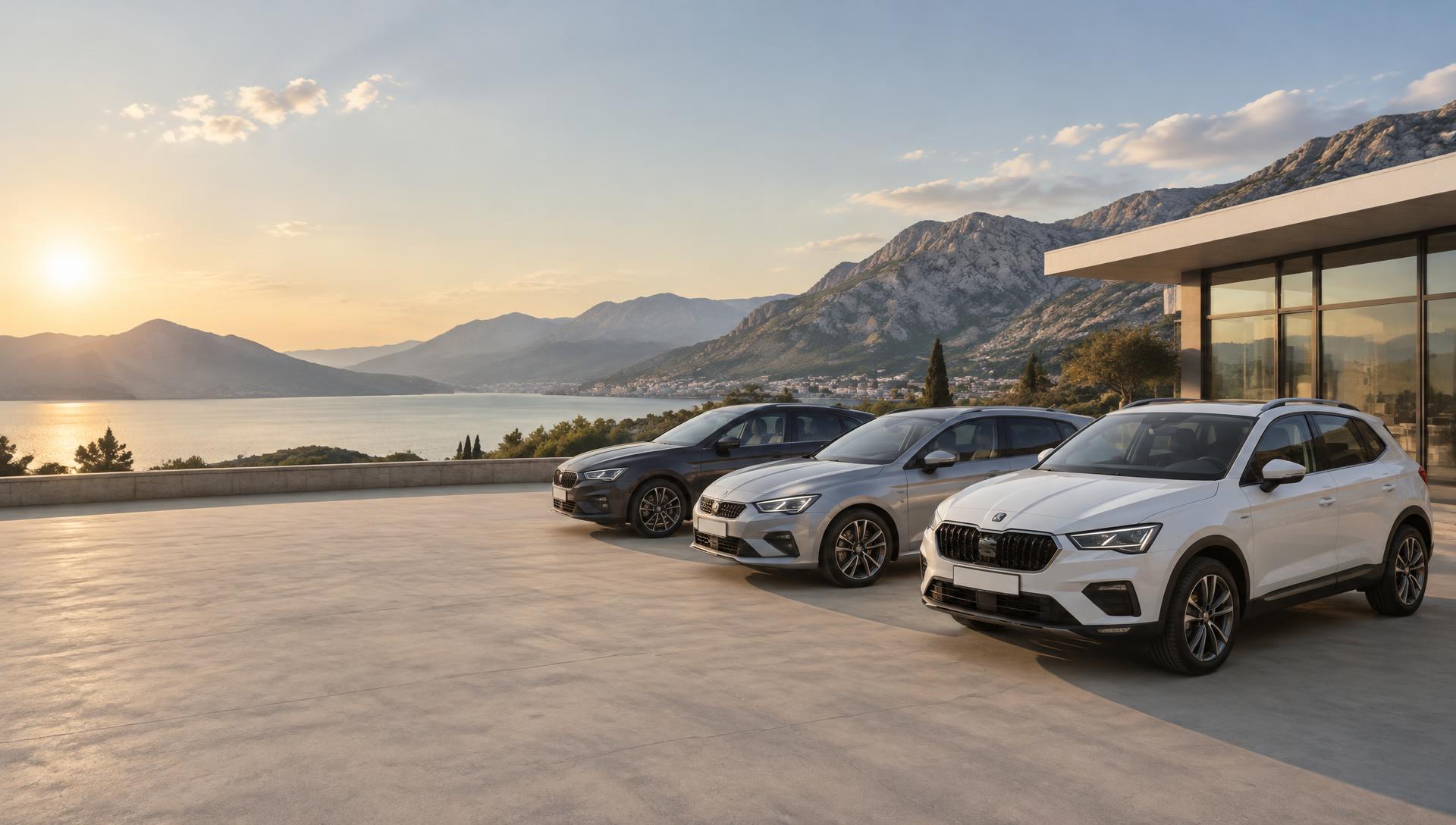 Three rental cars parked at a modern office overlooking the mountains